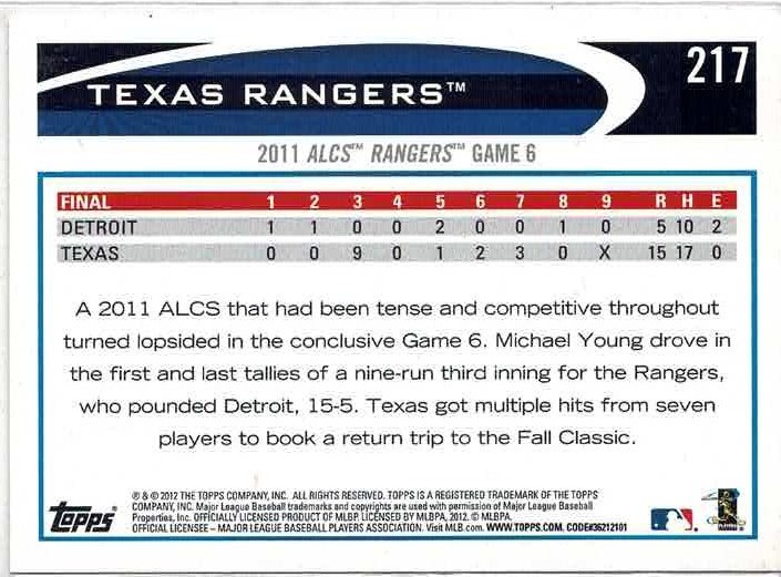 2012 Topps Texas Rangers 2011 World Series Gold Sparkle Team Card No. 217