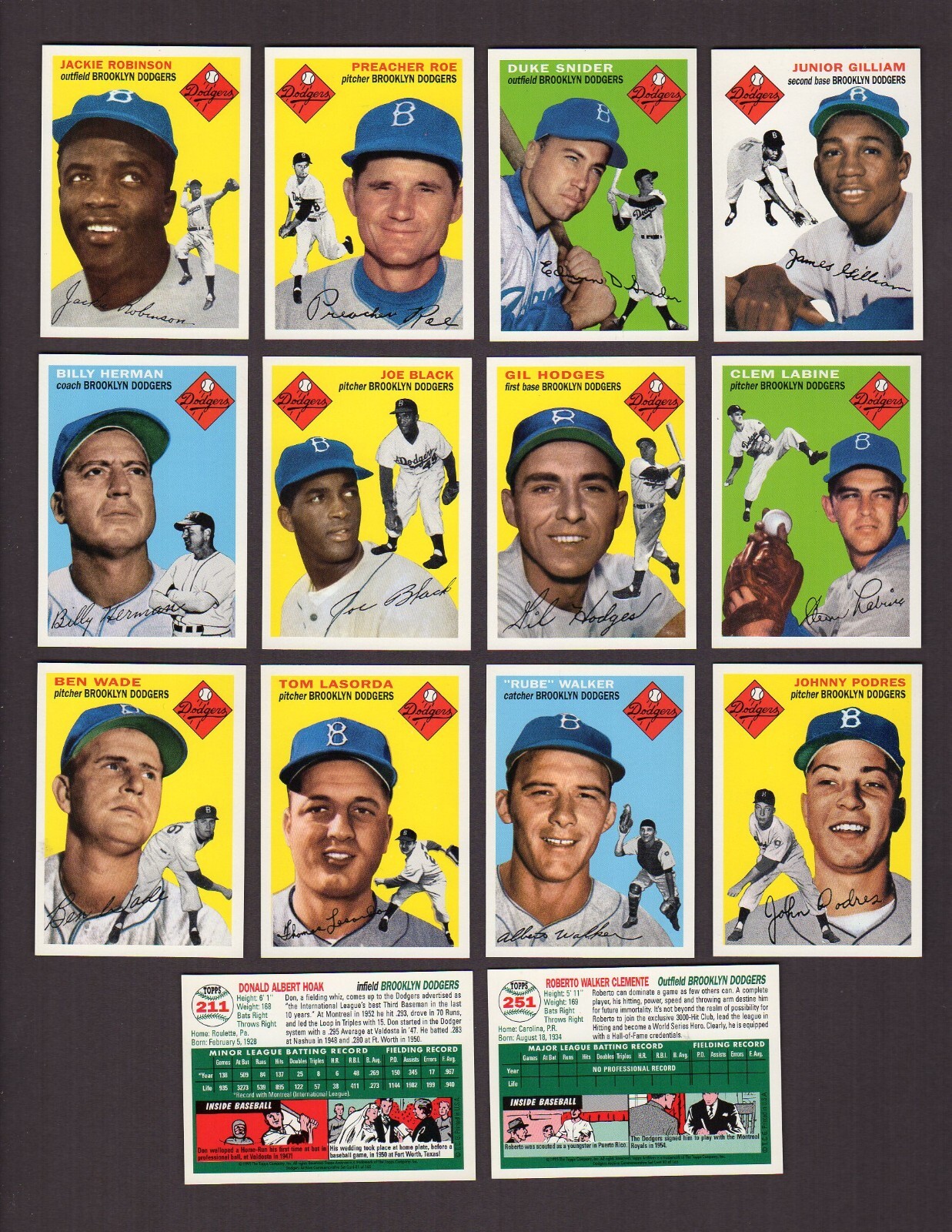 1954 BROOKLYN DODGERS team set ALL 25 cards ~ 1995 Topps Archives with Clemente!