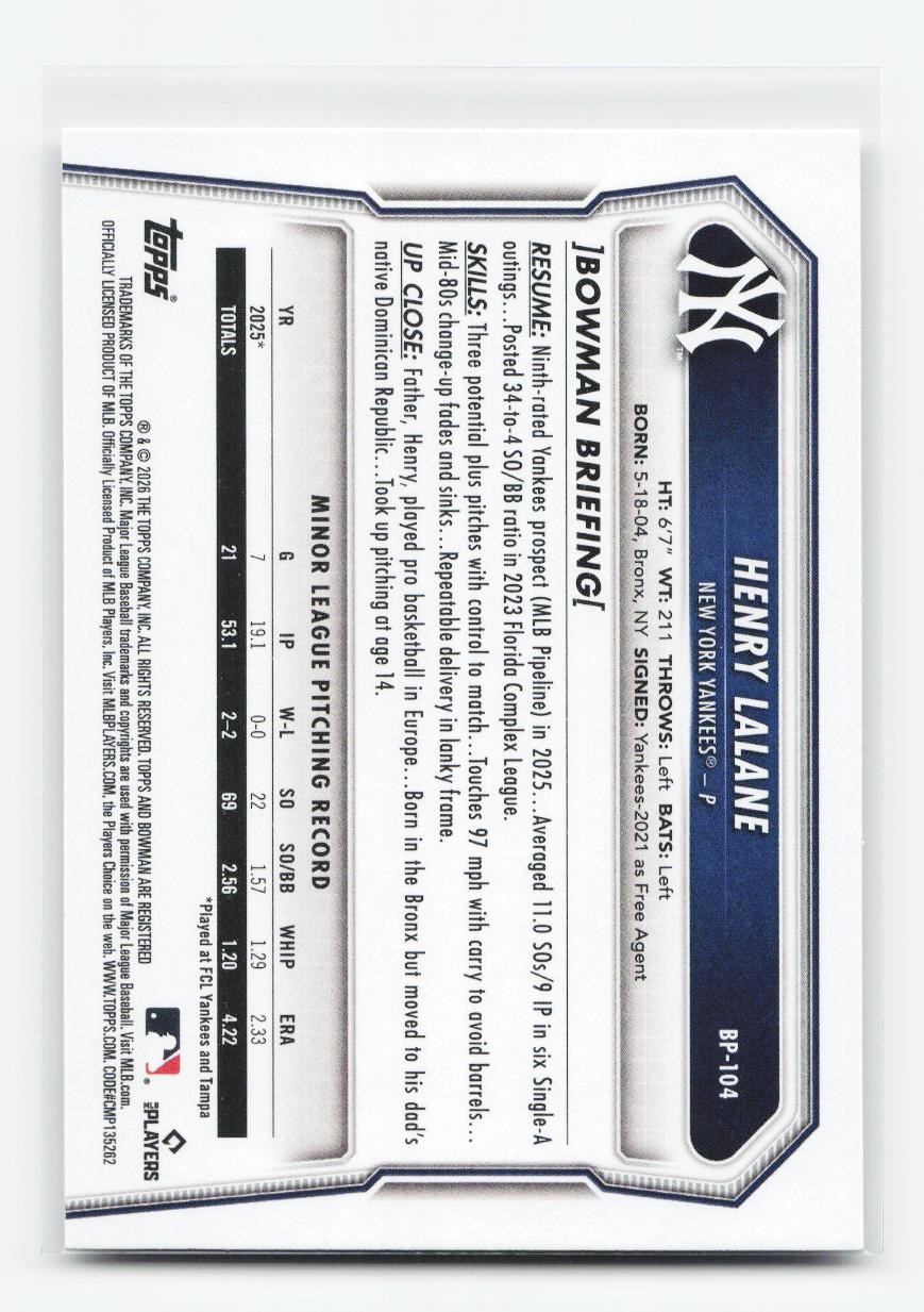 2026 Bowman #BP-104 Henry Lalane Prospects