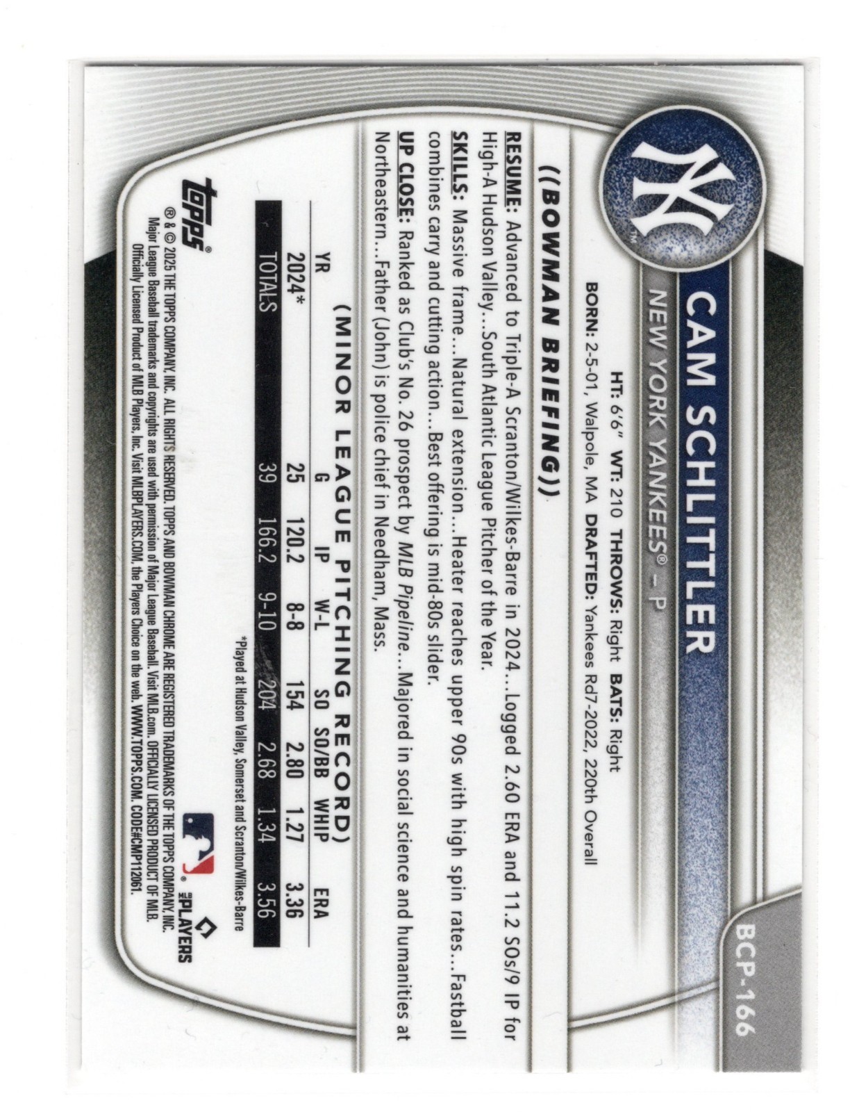 Cam Schittler 2025 Bowman Chrome 1st Bowman Prospect Yankees Rookie RC