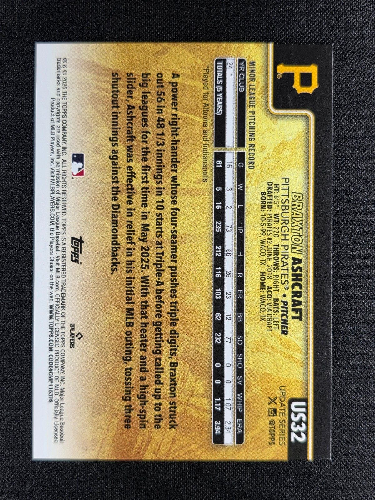 Braxton Ashcraft 2025 Topps Update Golden Mirror Variation SSP RC #US32 PIRATES