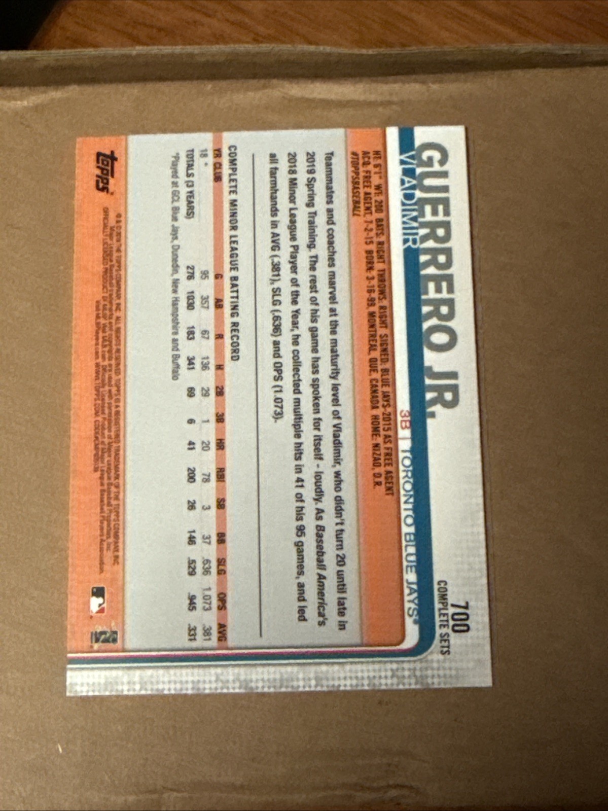 2019 Topps Complete Sets #700 Vladimir Guerrero Jr Rookie RC