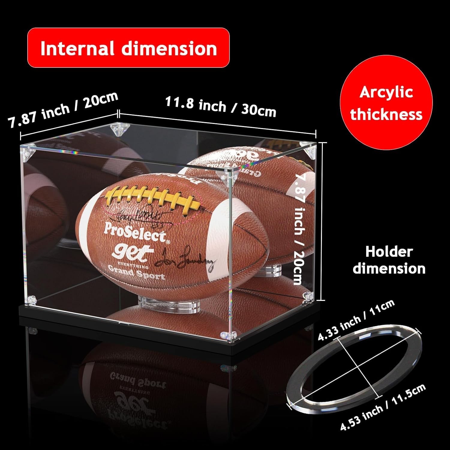 Football Display Case with Mirror Back and Base, Acrylic Display Case for Ful…