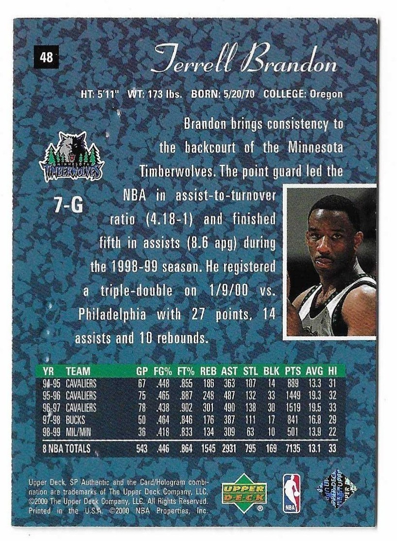 1999-00 SP Authentic Basketball Terrell Brandon Card #48 Minnesota Timberwolves