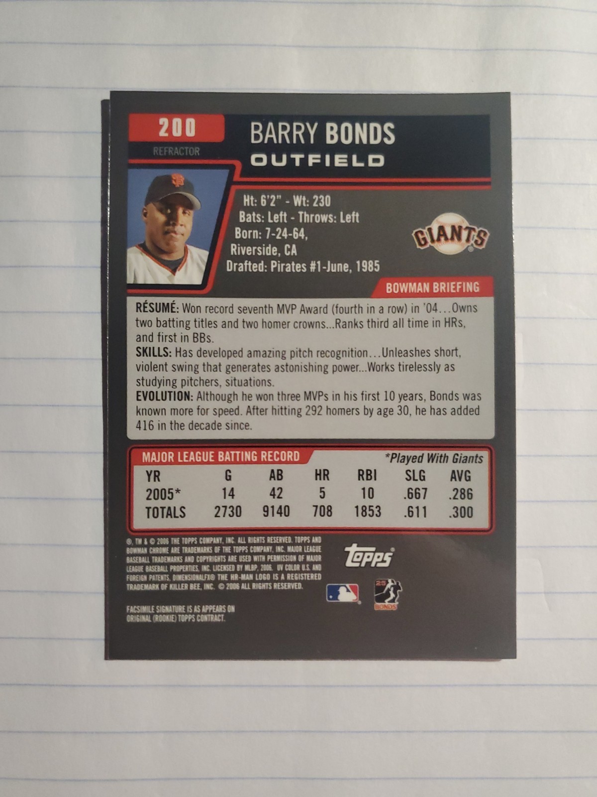 2006 Bowman Chrome Barry Bonds Refractor #200
