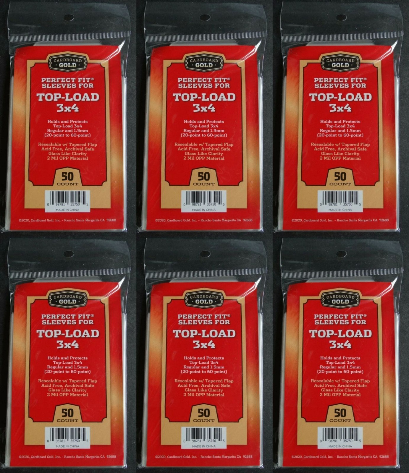 300 Cardboard Gold Perfect Fit Sleeves for Top-Load 3×4 from 20-60 Pt Bag