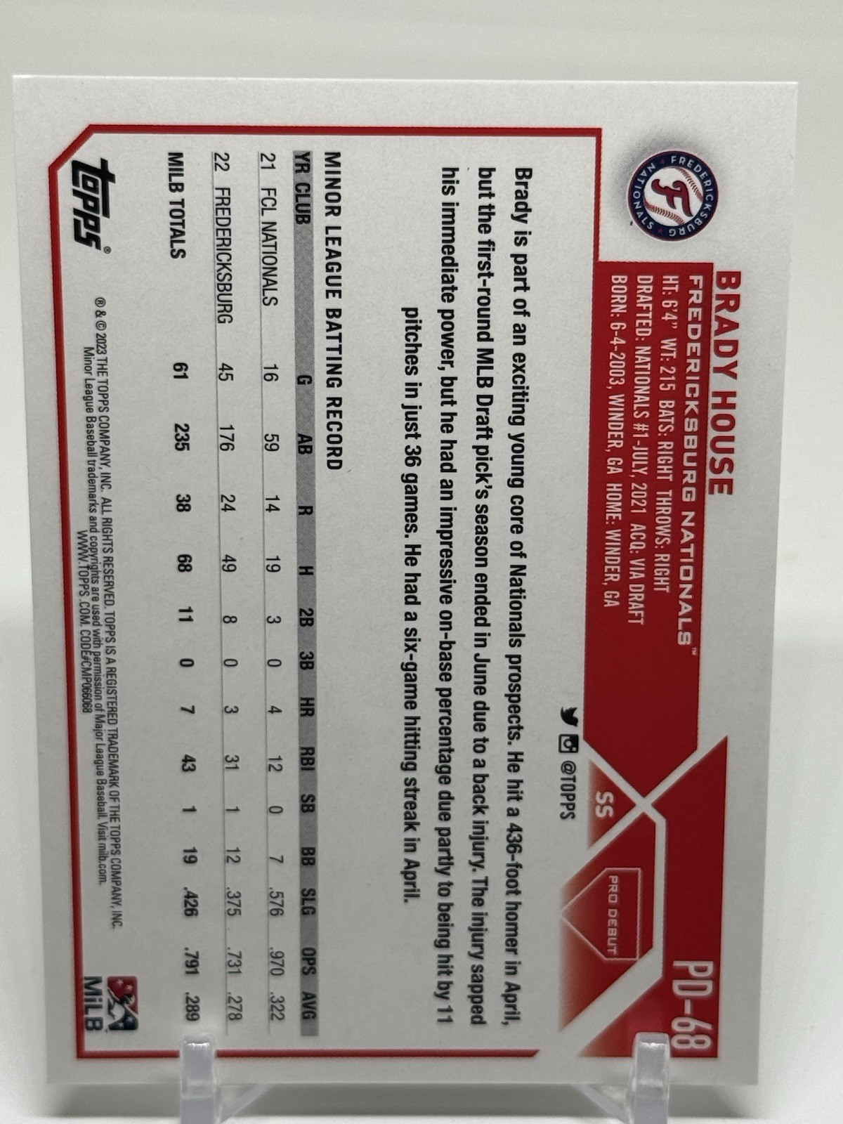Brady House SIGNED 2023 Topps Pro Debut #PD-68 Washington Nationals Debut!