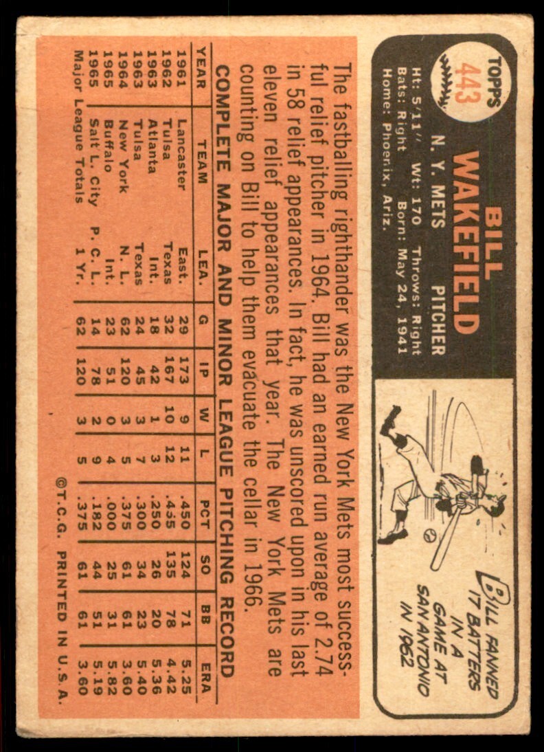 1966 Topps Baseball Card (Damaged) Bill Wakefield A New York Mets #443