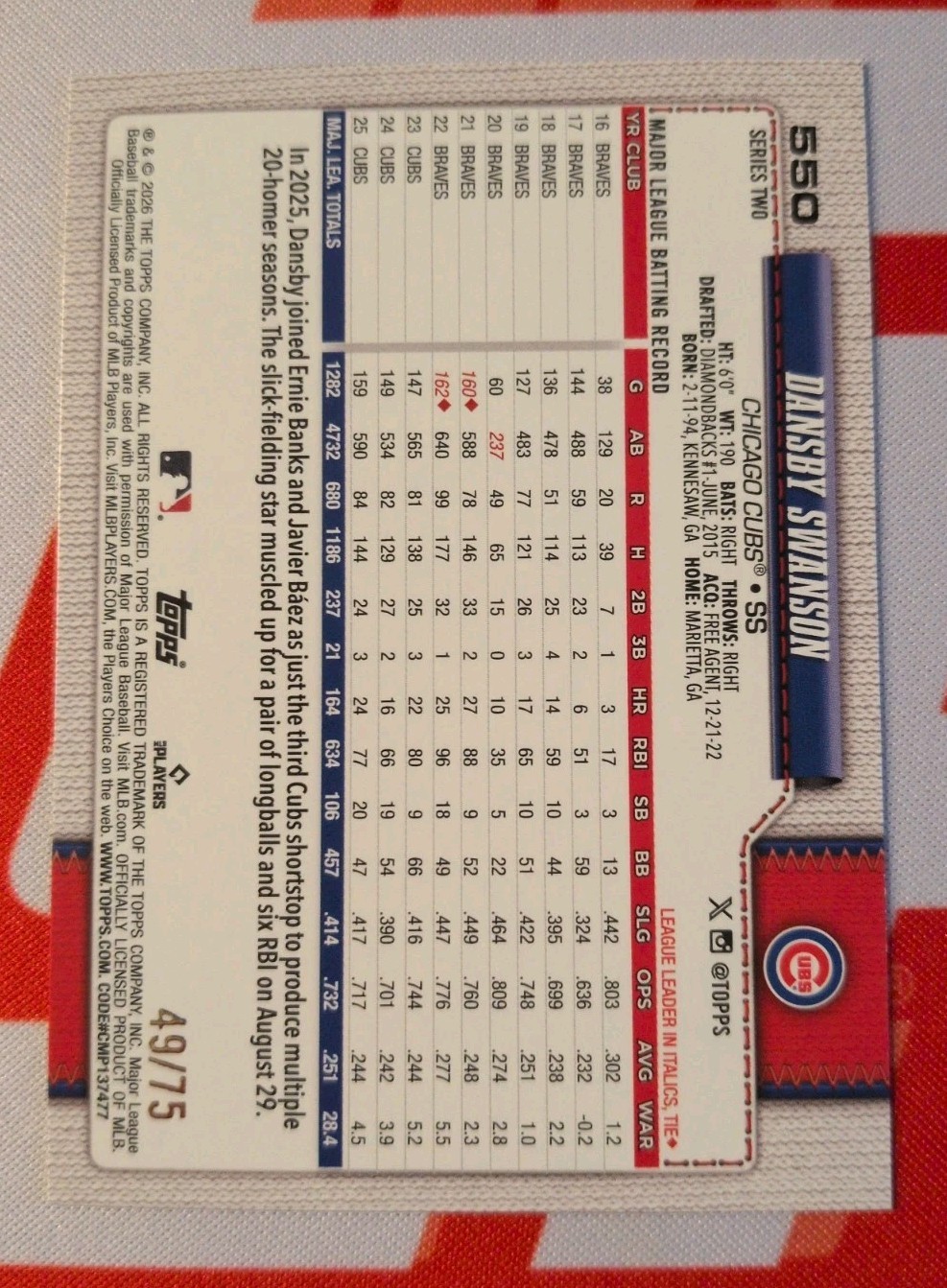 Dansby Swanson 2026 Topps Series Two Black /75 #550 Chicago Cubs