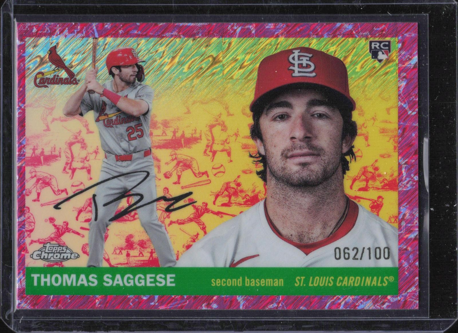 2025 Topps #217 Thomas Saggese Toile Cream Fuchsia Shimmer Refractor #/100