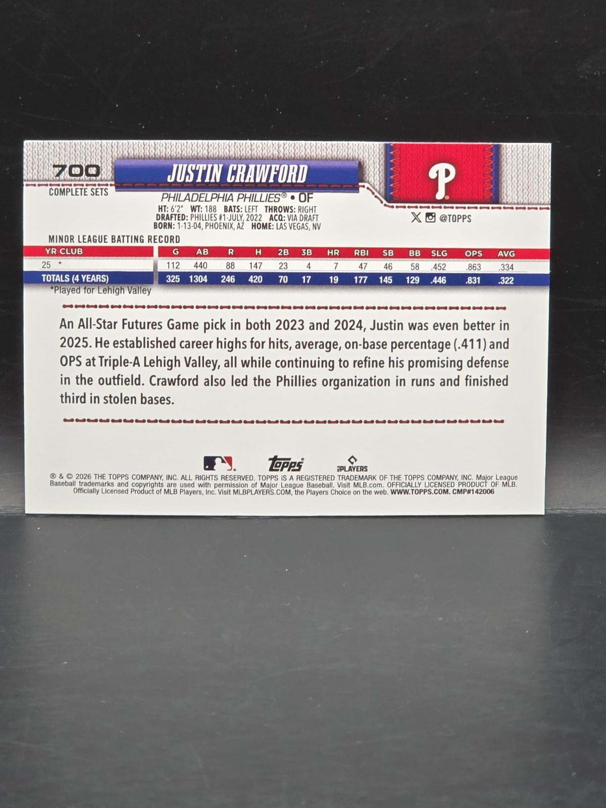 2026 Topps Justin Crawford #700 Complete Set SP RC Philadelphia Phillies
