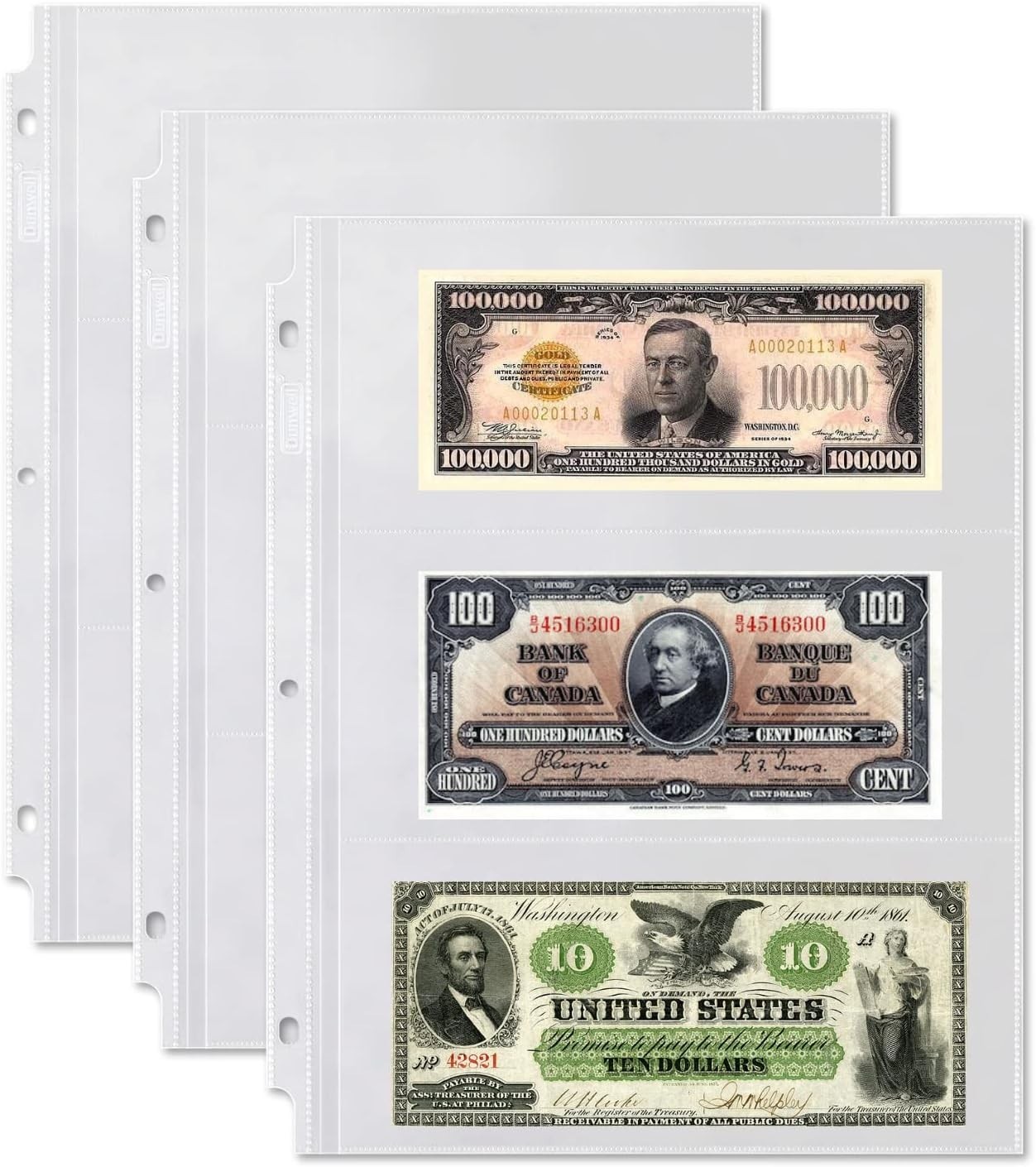 25 Sheets Currency Sleeves for Paper Money Collection Album with 3 Pockets