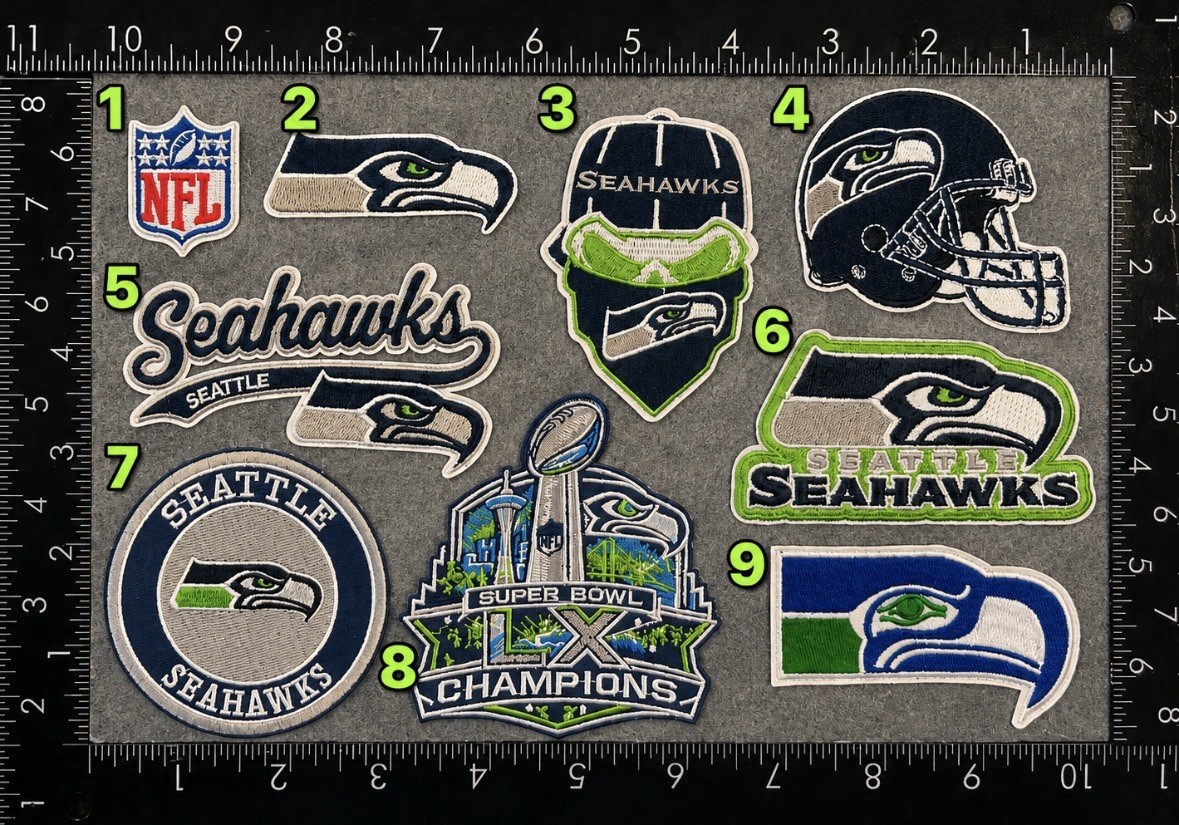 SEATTLE SEAHAWKS IRON ON EMBROIDERED PATCHES ALL PATCHES IN PHOTO ARE AVAILABLE
