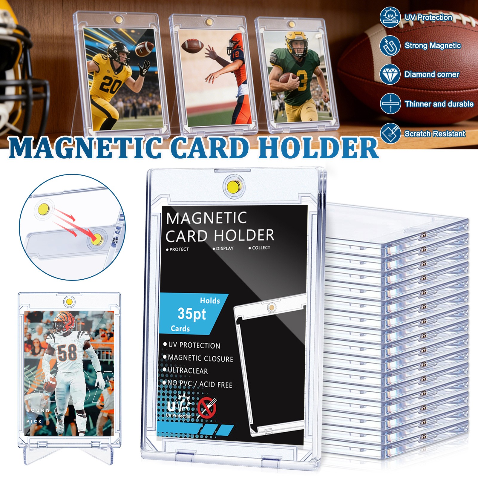 25Pcs Heavy Duty Magnetic Trading Card Holders 35pt One-Touch Hard UV Protection