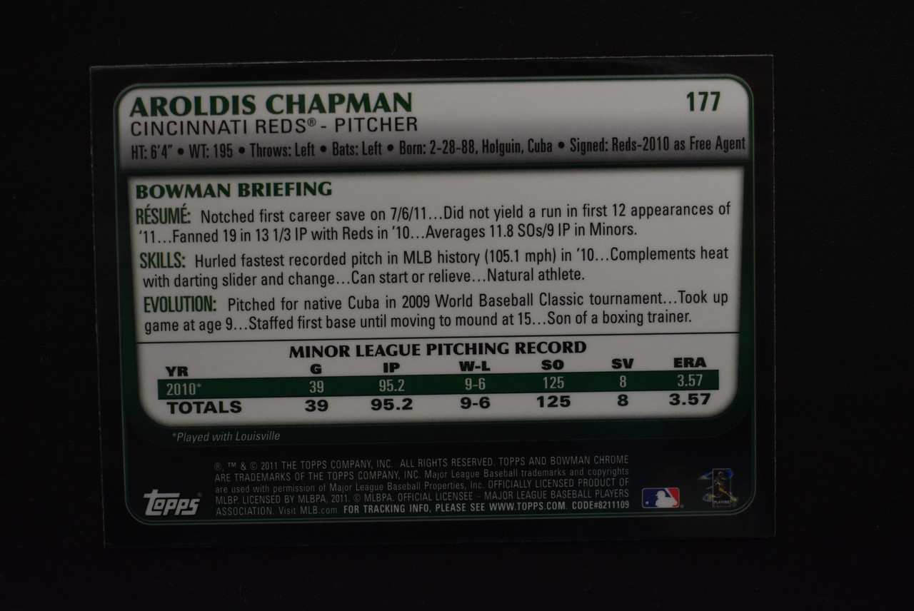 Aroldis Chapman 2011 Bowman Chrome Rookie RC #177 Cincinnati Reds