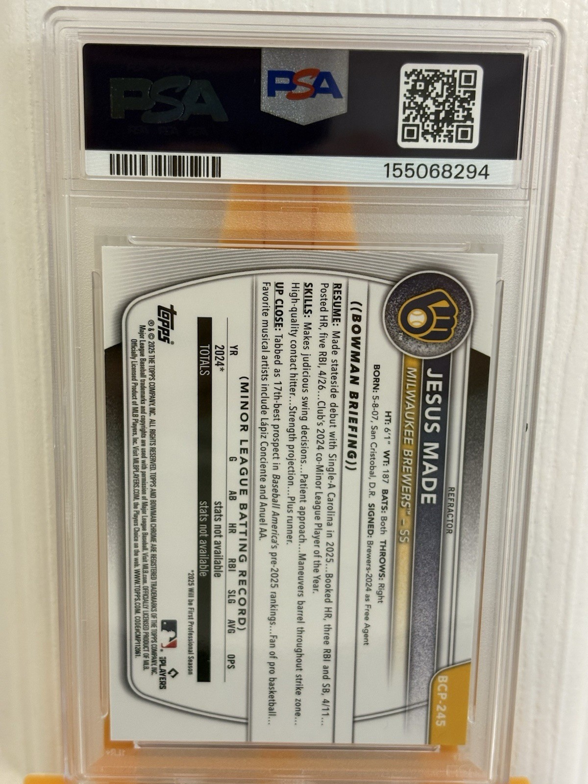 2025 Bowman Chrome Jesus Made Refractor /499 PSA 9 MINT 🔥 📈 Brewers #BCP-245
