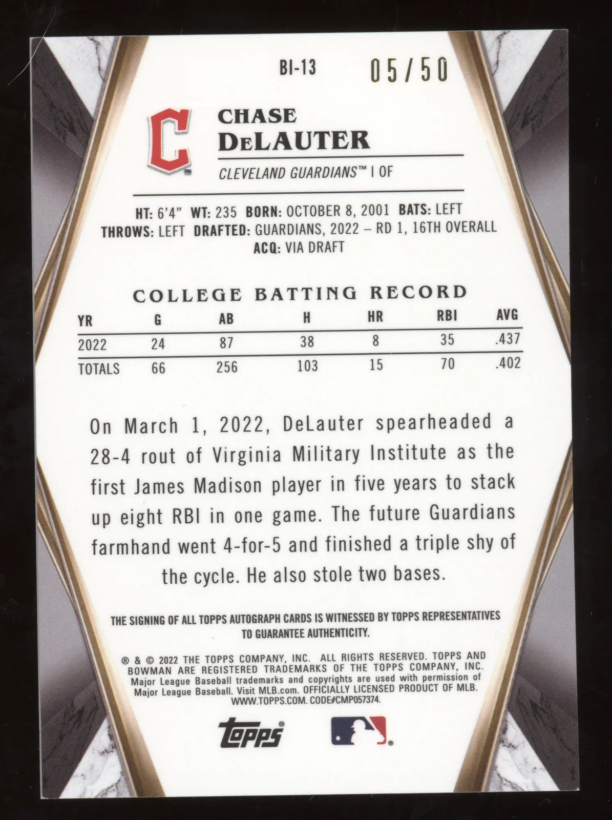 2022 Bowman Draft Invicta Chase DeLauter #BI-13 Autograph Gold Atomic 05/50