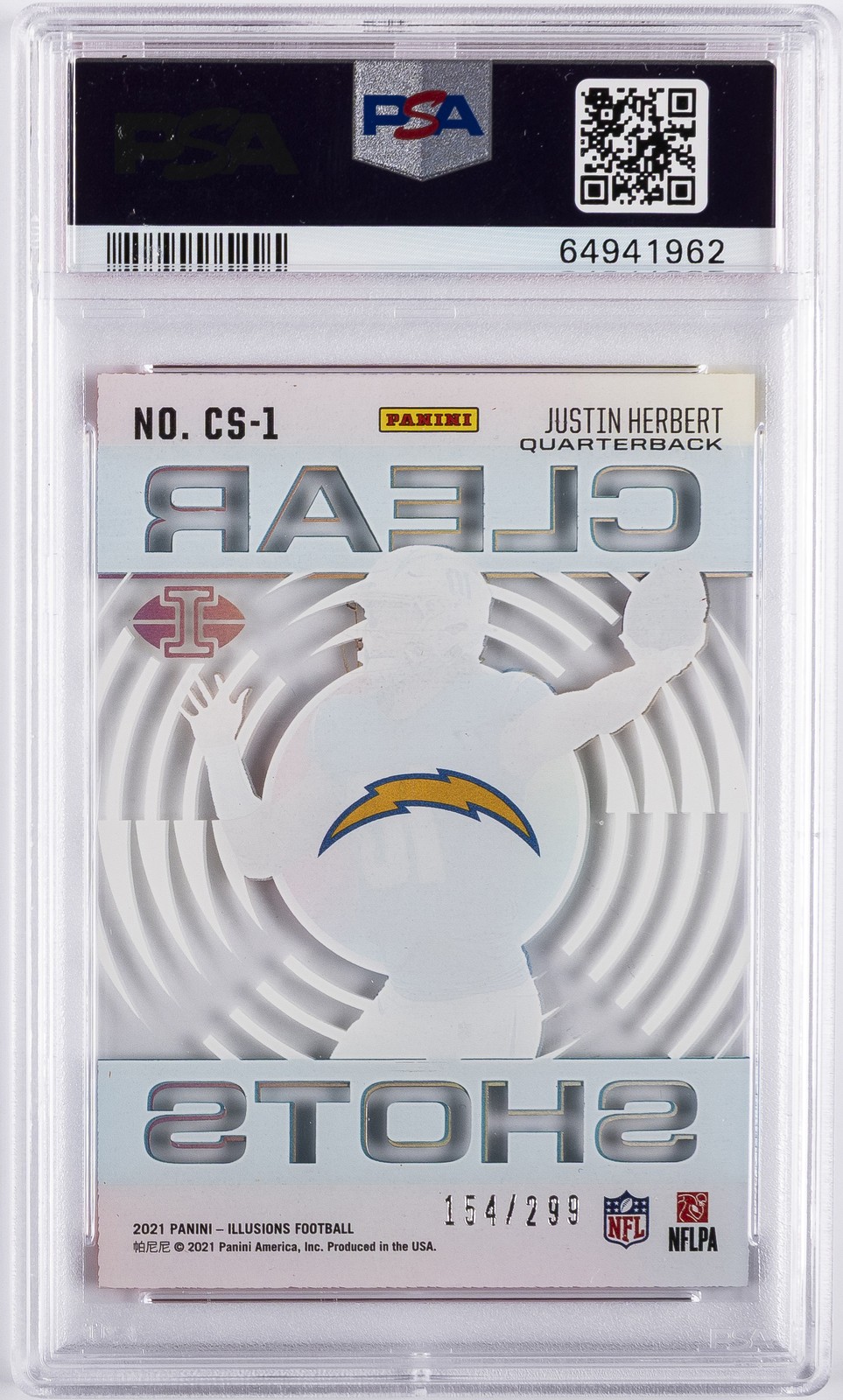 2021 PANINI ILLUSIONS CLEAR SHOTS LIGHT BLUE #CS-1 JUSTIN HERBERT 154/299 PSA 10