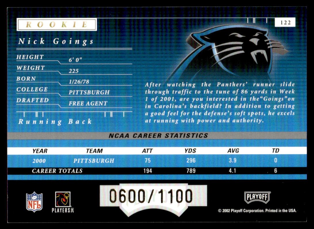 2001 Playoff Preferred #122 Nick Goings /1100 Carolina Panthers