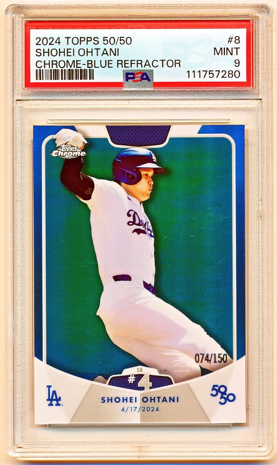 2024 Topps Shohei Ohtani 50/50 SB 4 Chrome Blue Refractor #8 (xxx/150) PSA 9