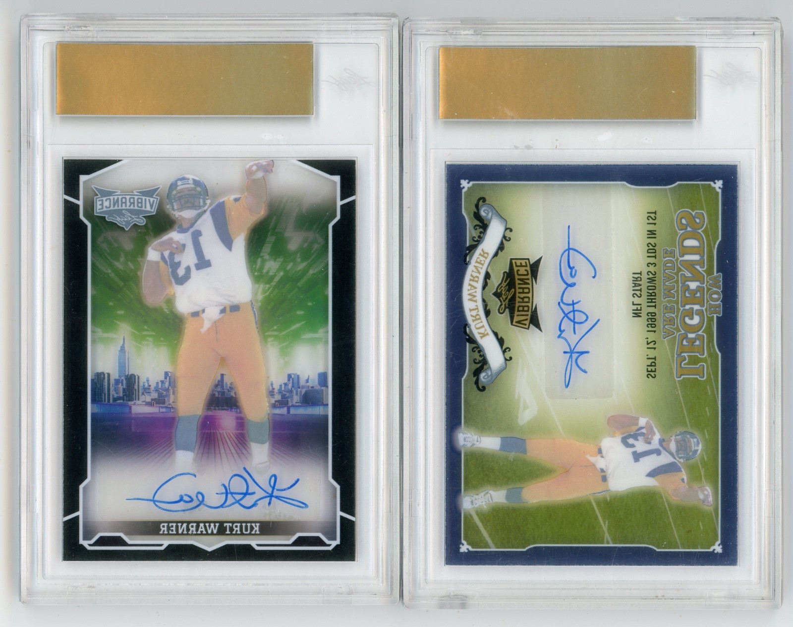 2x 1/1 Kurt Warner 2022 Leaf Vibrance Autographed Pre-Production Proof Auto Lot