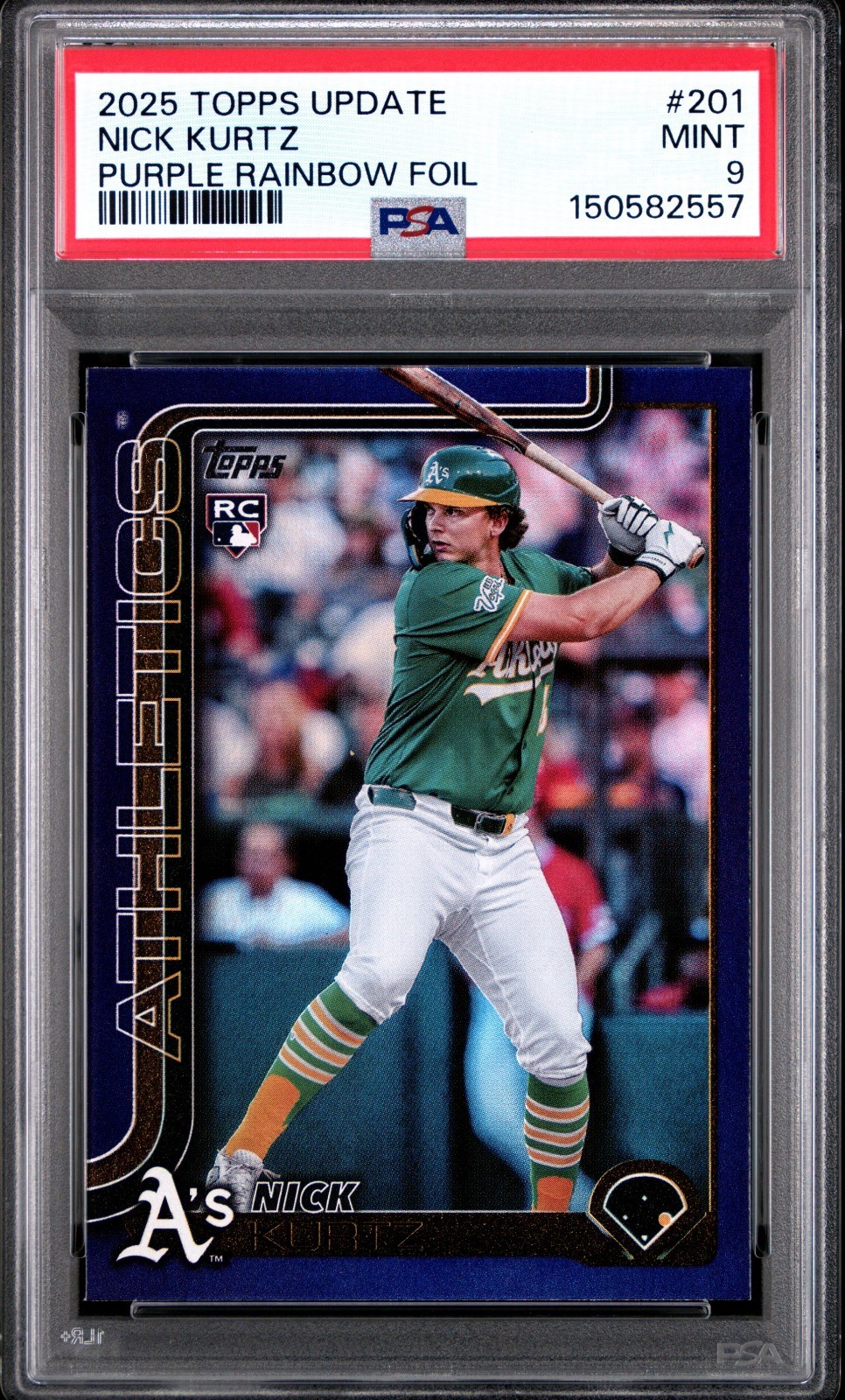 2025 Topps Update Series Nick Kurtz #US201 Purple Rainbow Foil /250 PSA 9