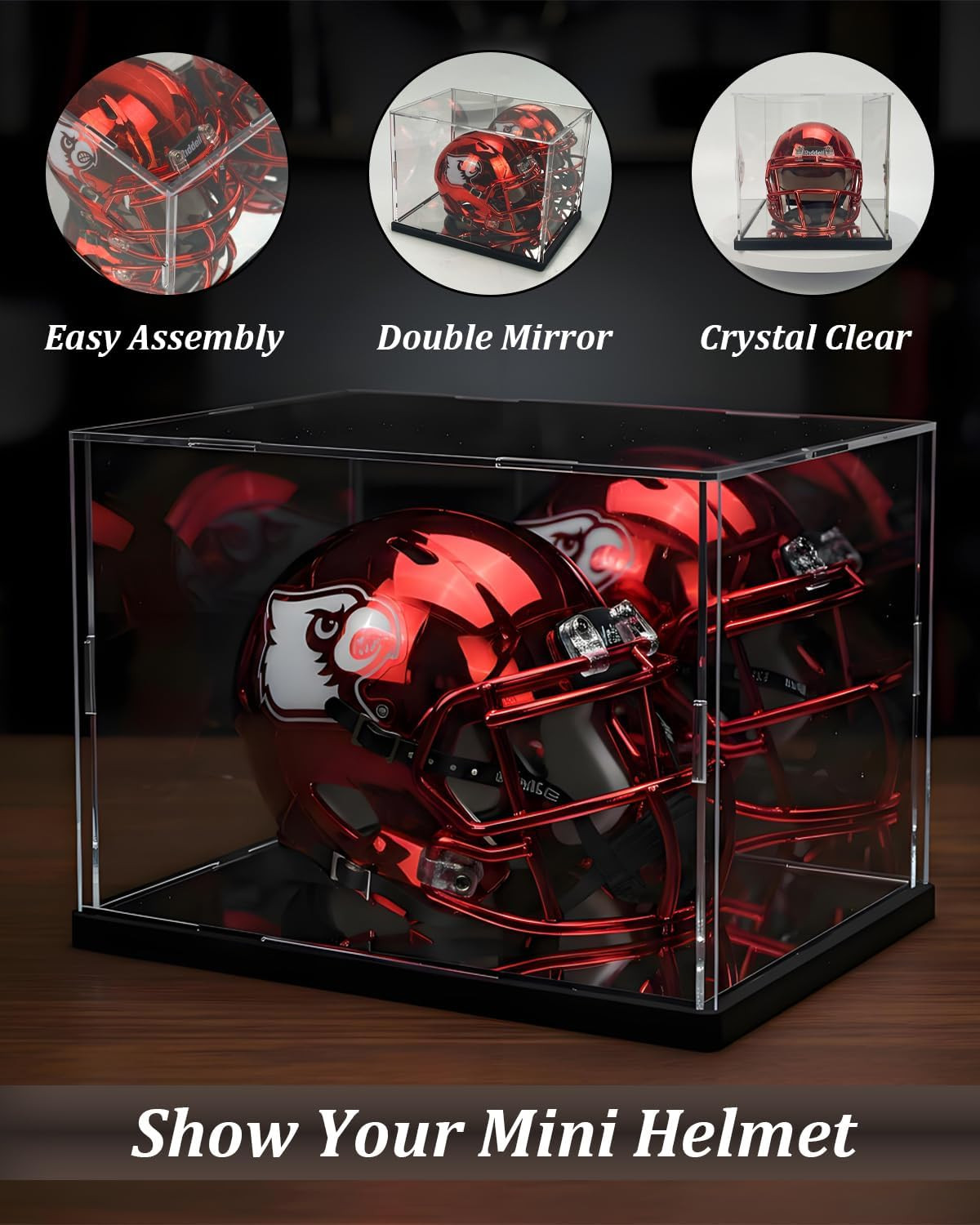 Mini Helmet Display Case with UV Protection & Mirror Back | Clear Acrylic Showca