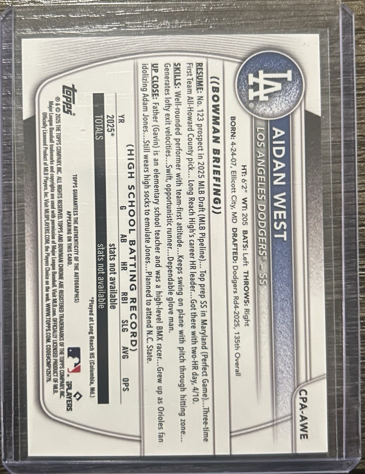 2025 Bowman Draft – Chrome Prospect Autographs Aidan West #CPA-AWE (AU, RC)