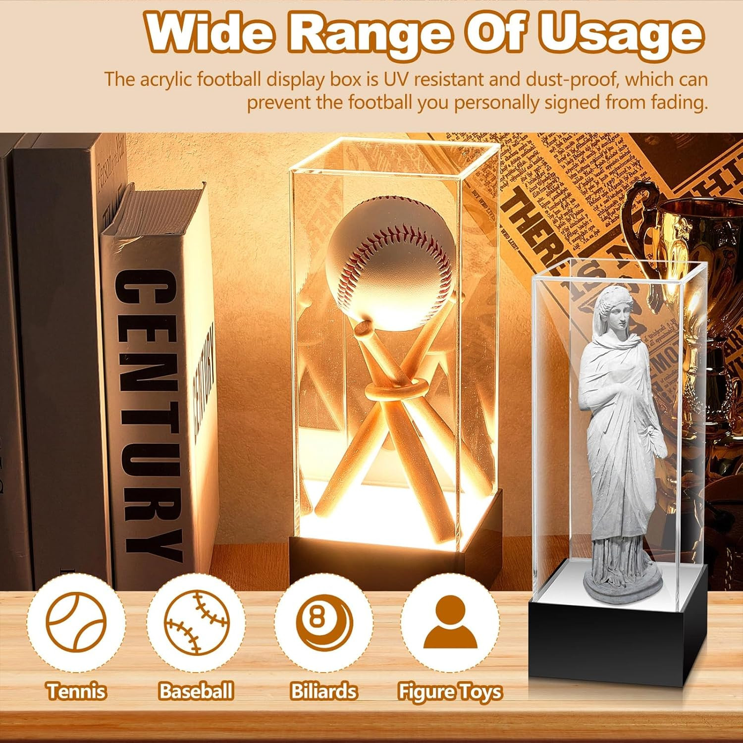 Baseball Display Case with LED Light Base Stand Holder, Wooden Sticks, UV Protec