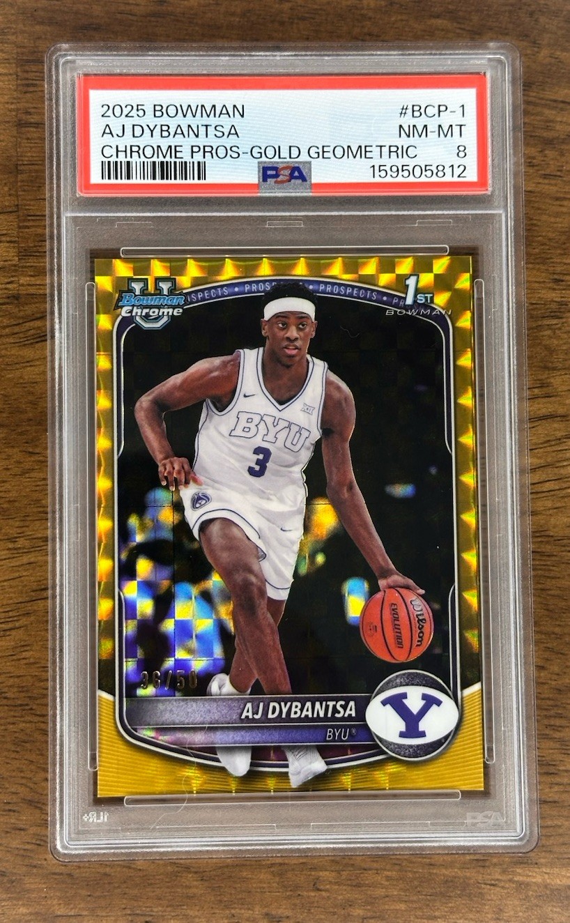 2025 Bowman AJ Dybantsa Chrome Pros Gold Geometric /50 PSA 8