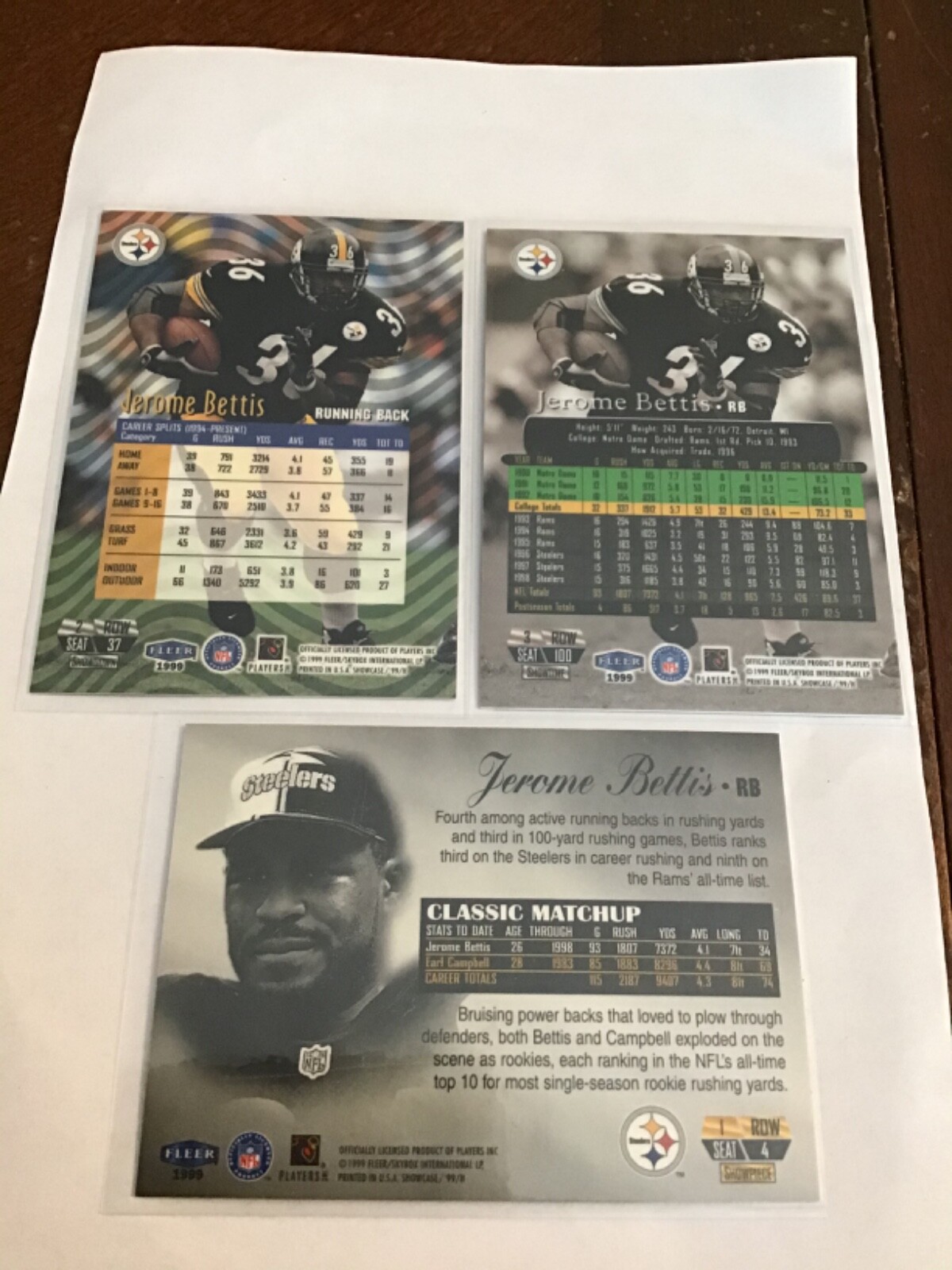 1998 FLAIR SHOWCASE JEROME BETTIS PITTSBURGH STEELERS ROW 1-2 & 3 Nice