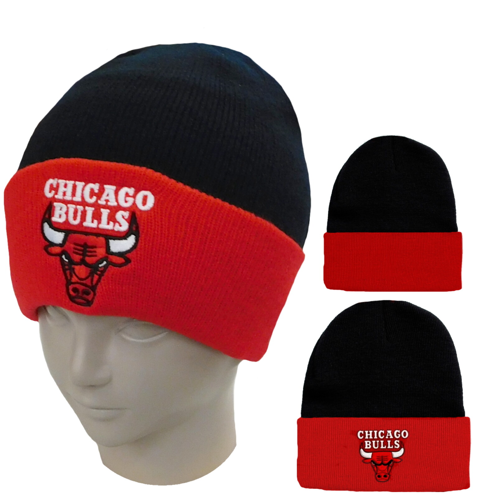 NBA CHICAGO BULLS BEANIE LONG CUFF HAT LICENSED EMBROIDERED LOGO CHICAGO BULLS