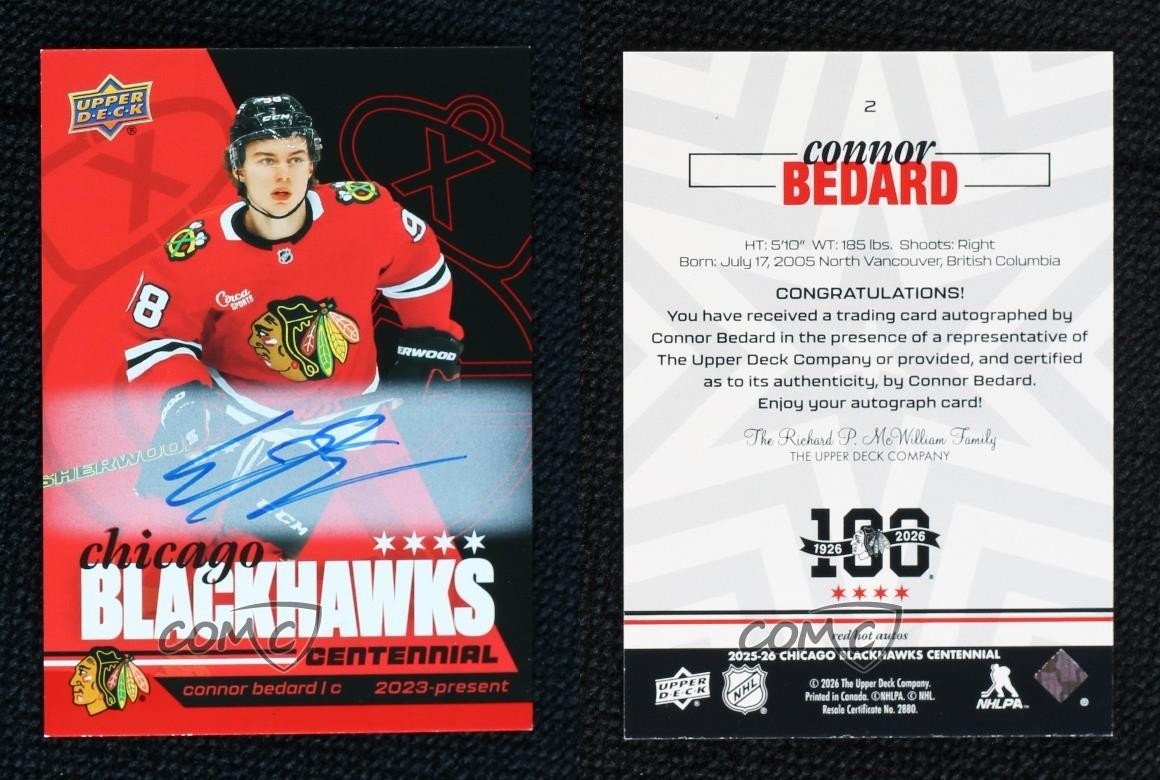 2025 Upper Deck Chicago Blackhawks Centennial Red Hot Connor Bedard #2 Auto 1cs1