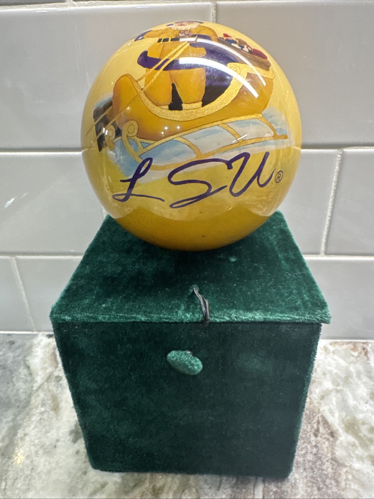 LSU Tigers Hand-Painted Santa In Sleigh 3.5” Glass Ornament w/Velvet Box PO-VG++