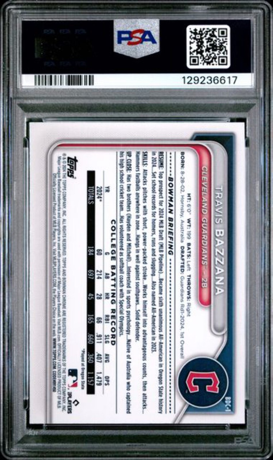 Graded 2024 Topps Bowman Draft Travis Bazzana #BDC1 Chrome Rookie RC Card PSA 10