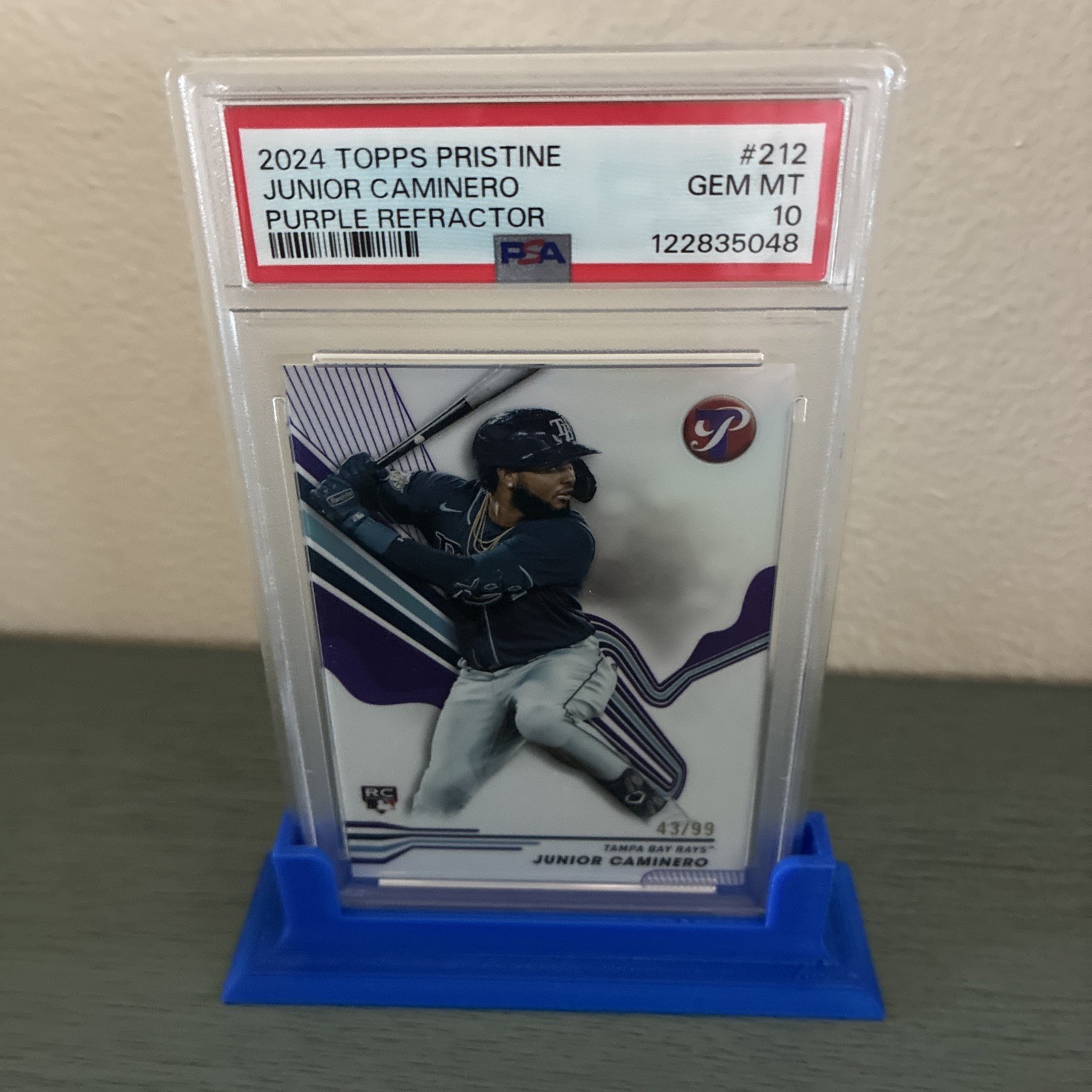 2024 Topps Pristine Junior Caminero Purple Refractor /99 RC 212 PSA 10 TB Rays
