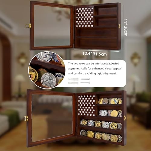 Wall Mounted Challenge Coin Display Stand with Acrylic Glass, Wooden Brown