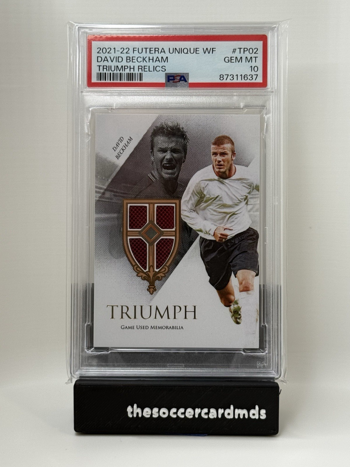 David Beckham 2021-22 Futera Unique WF Triumph Relics TP02 /18 PSA 10 032325MLCD