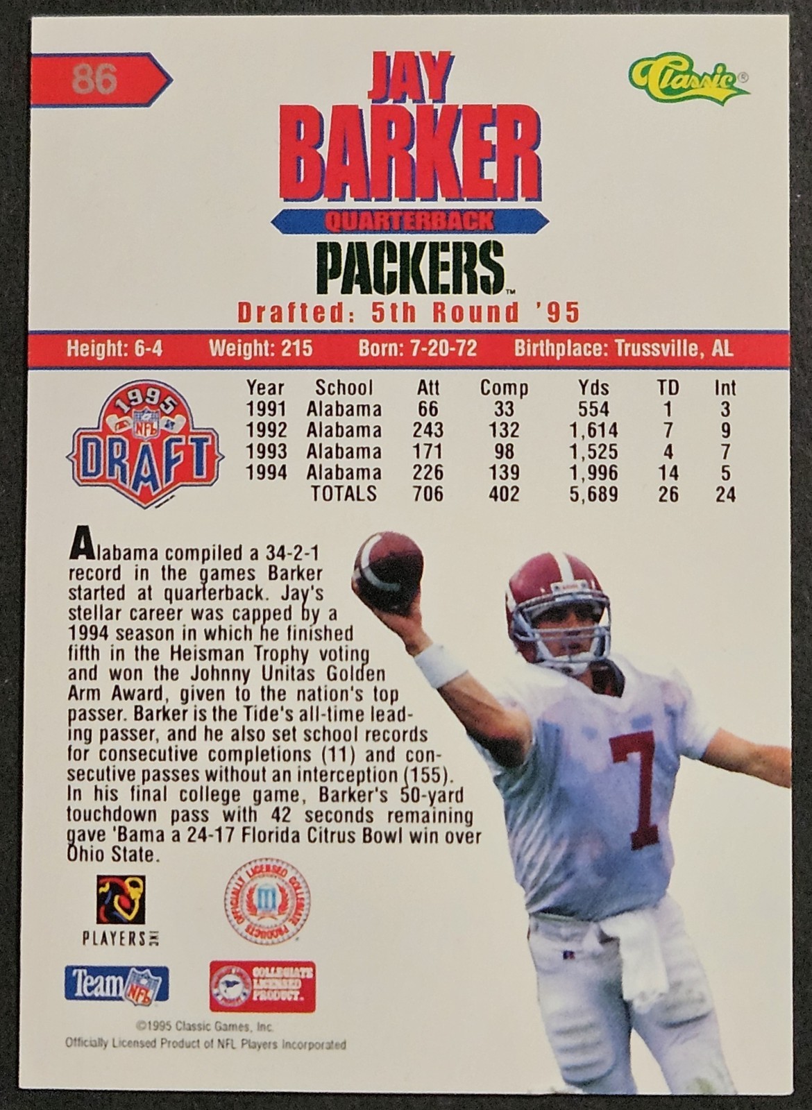 1995 Classic NFL Draft Silver Foil #86 Jay Barker Rookie RC Alabama Crimson Tide