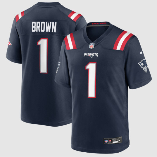 Men’s New England Patriots #1 A.J. Brown Navy Stitched Jersey