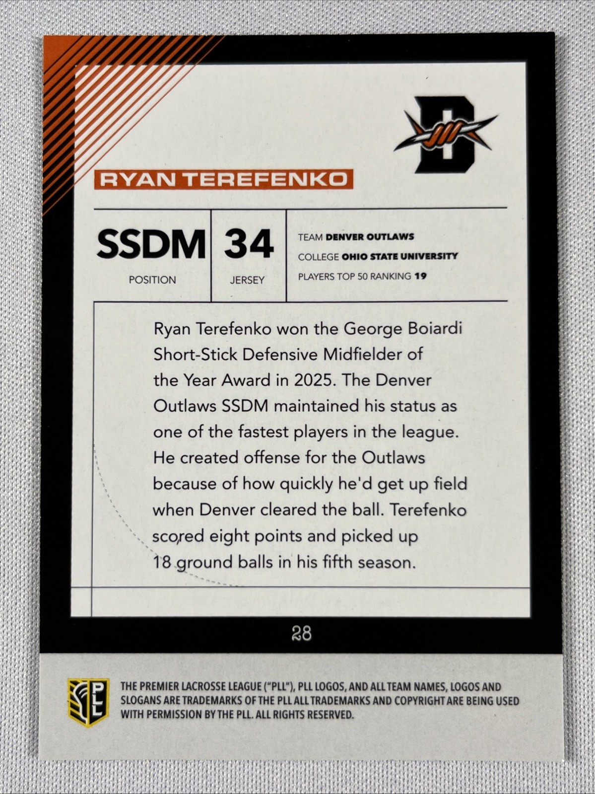2026 PLL Fieldside II Lacrosse – Ryan Terefenko #28 Parallel /50 Outlaws