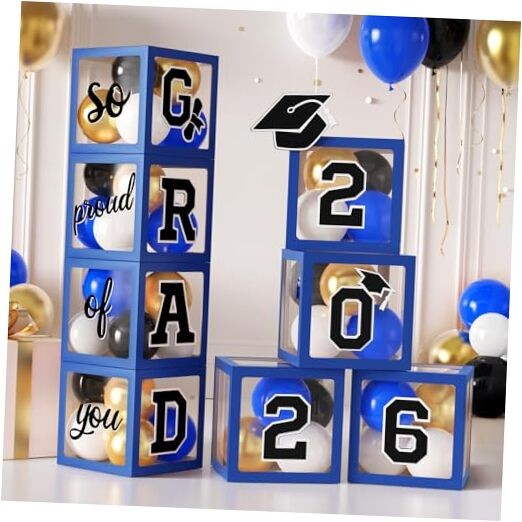 2026 Graduation Balloon Box, 4pcs Transparent Boxes with Letters “2026 Blue