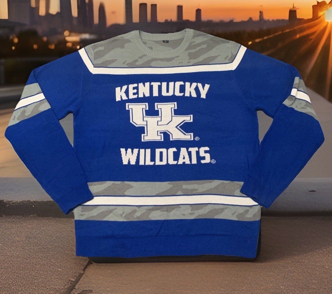Kentucky Wildcats Salute To Service Sweater Mens XL SPELLOUT Camo Blue Gray RARE