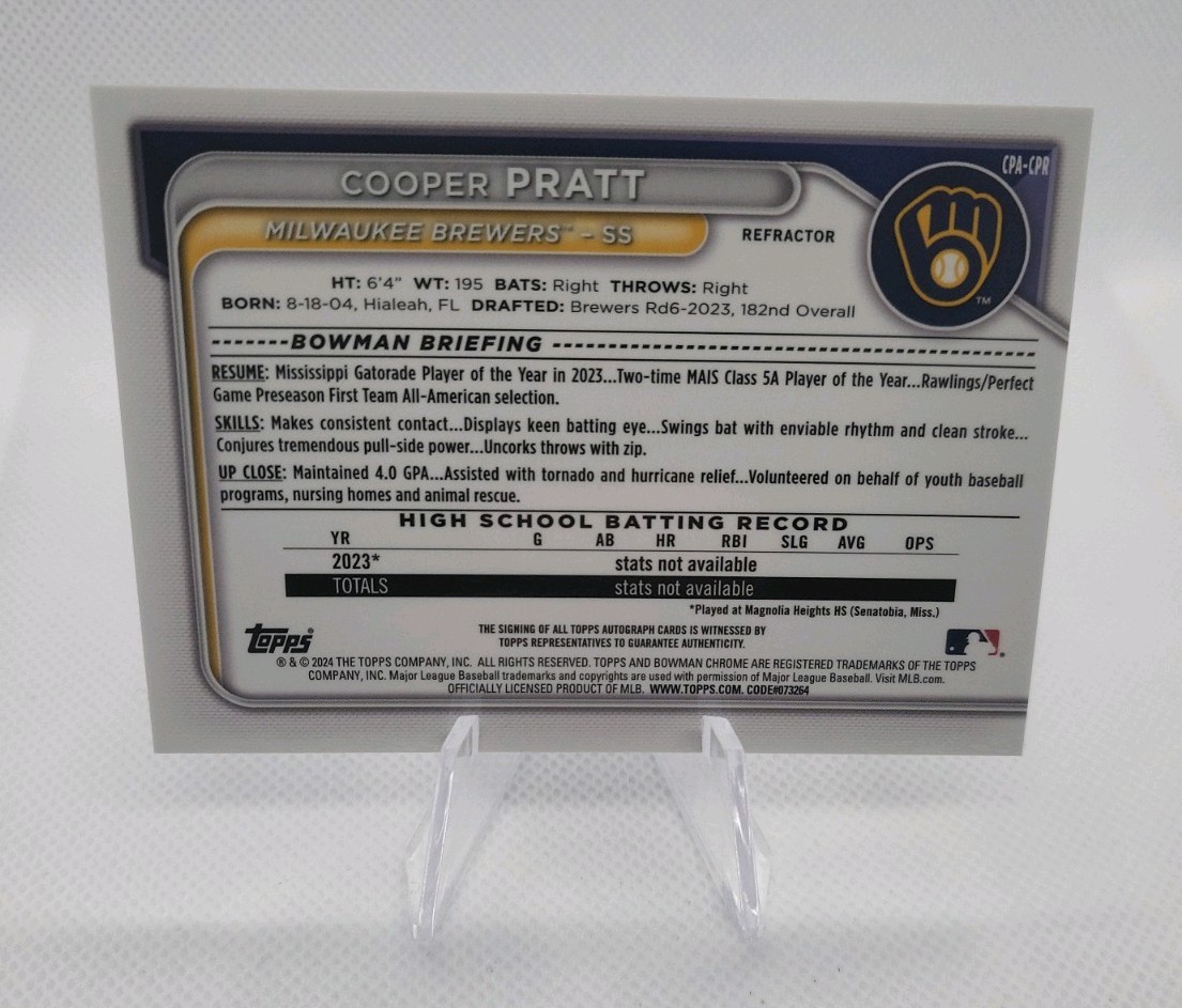 2024 Bowman Chrome 1st Auto Cooper Pratt REFRACTOR /499 #CPA-CPR Brewers