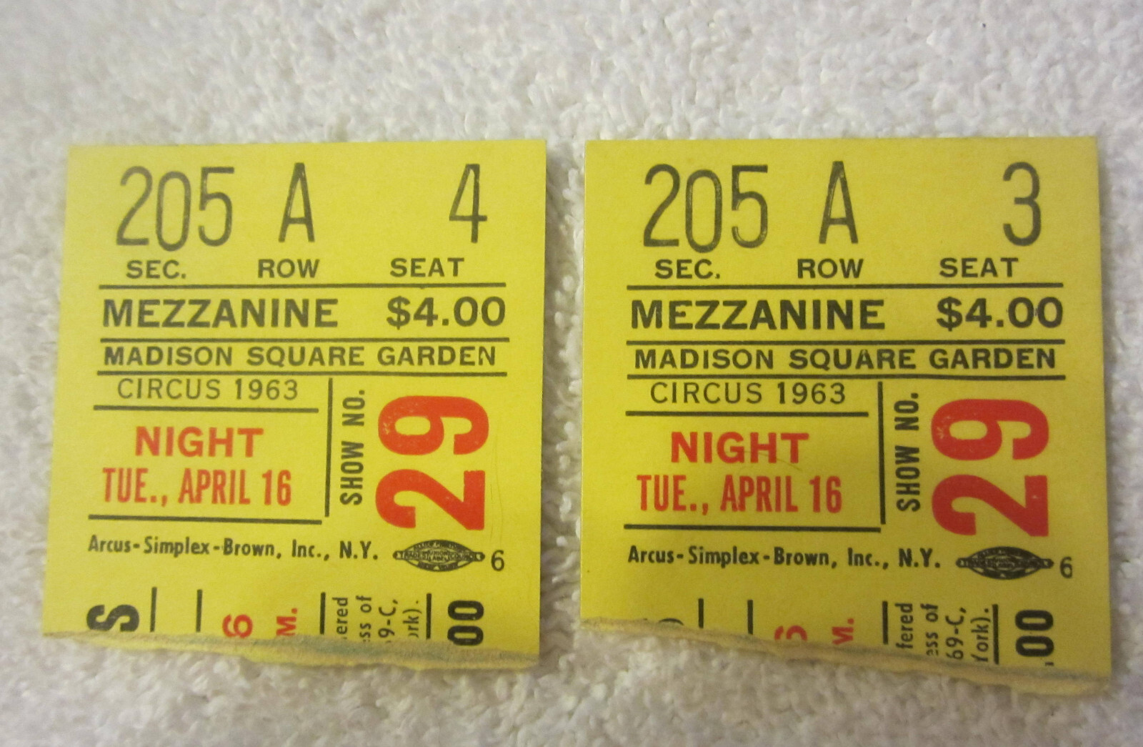 2, April 16,1963 Circus Ticket Stubs Madison Square Garden New York City Vtg