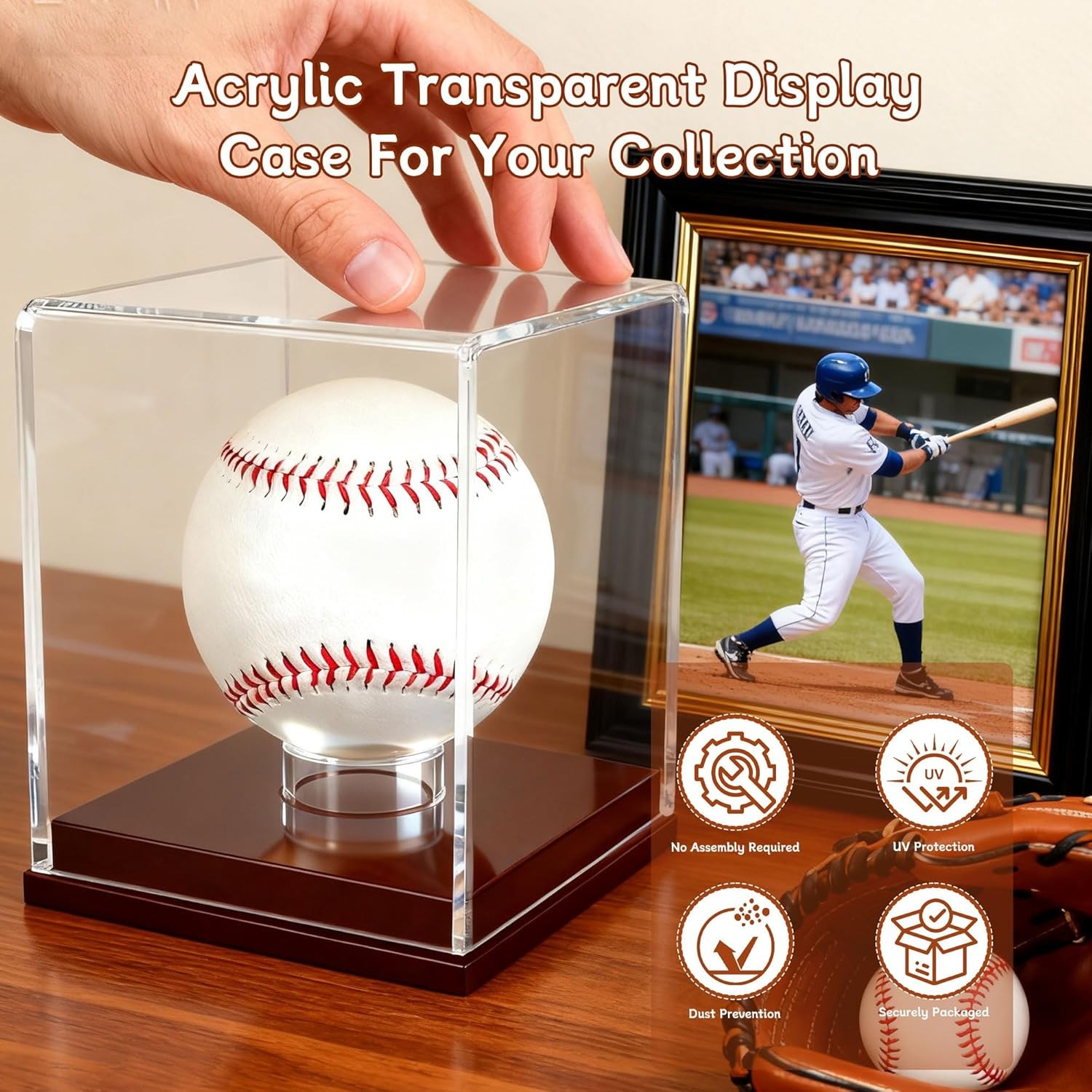 Baseball Display Case, Clear Baseball Holder with Wooden Base, Acrylic Baseball