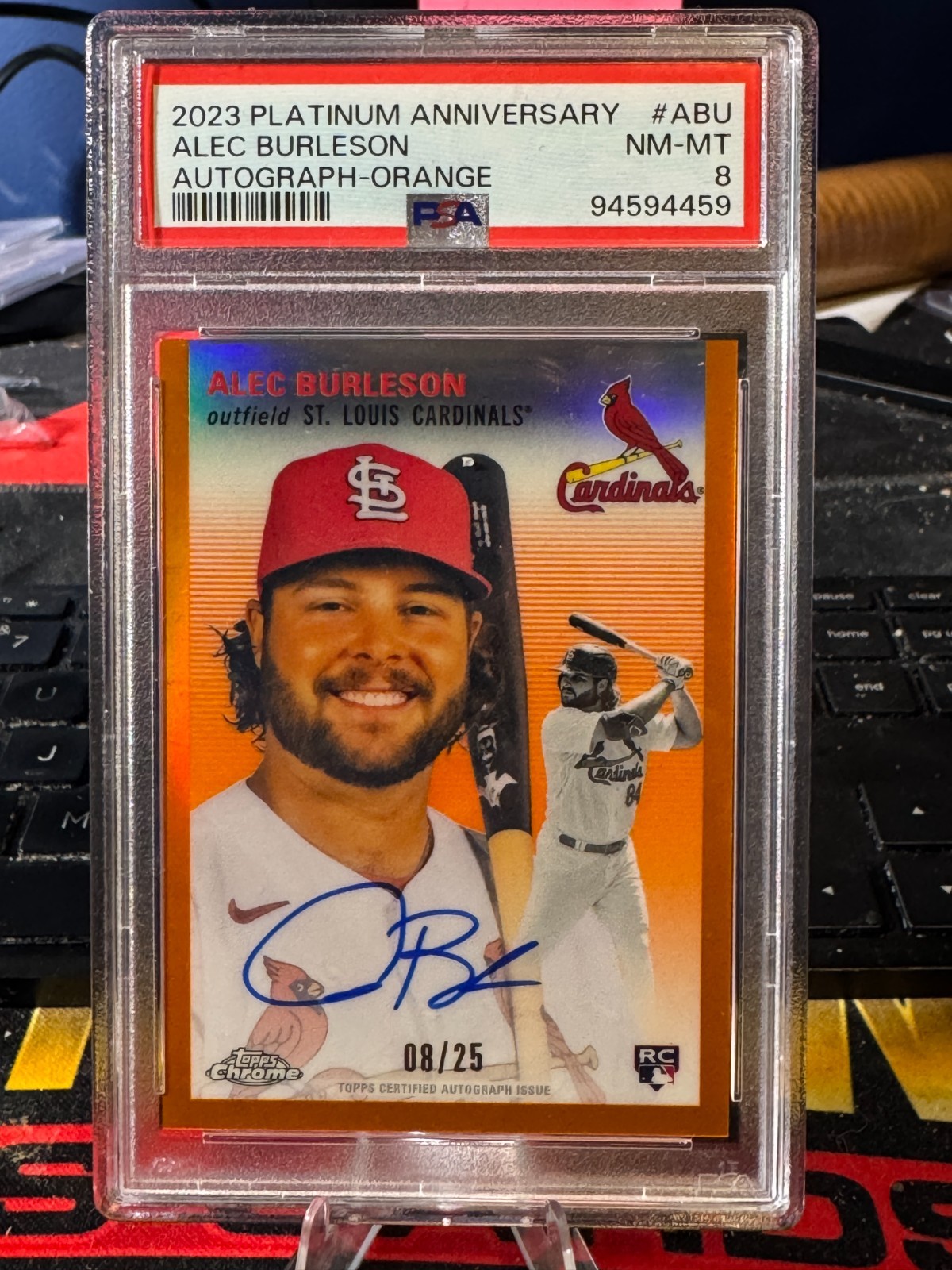 Alec Burleson 2023 TOPPS Chrome Platinum Orange Refractor RC ROOKIE #/25 PSA 8
