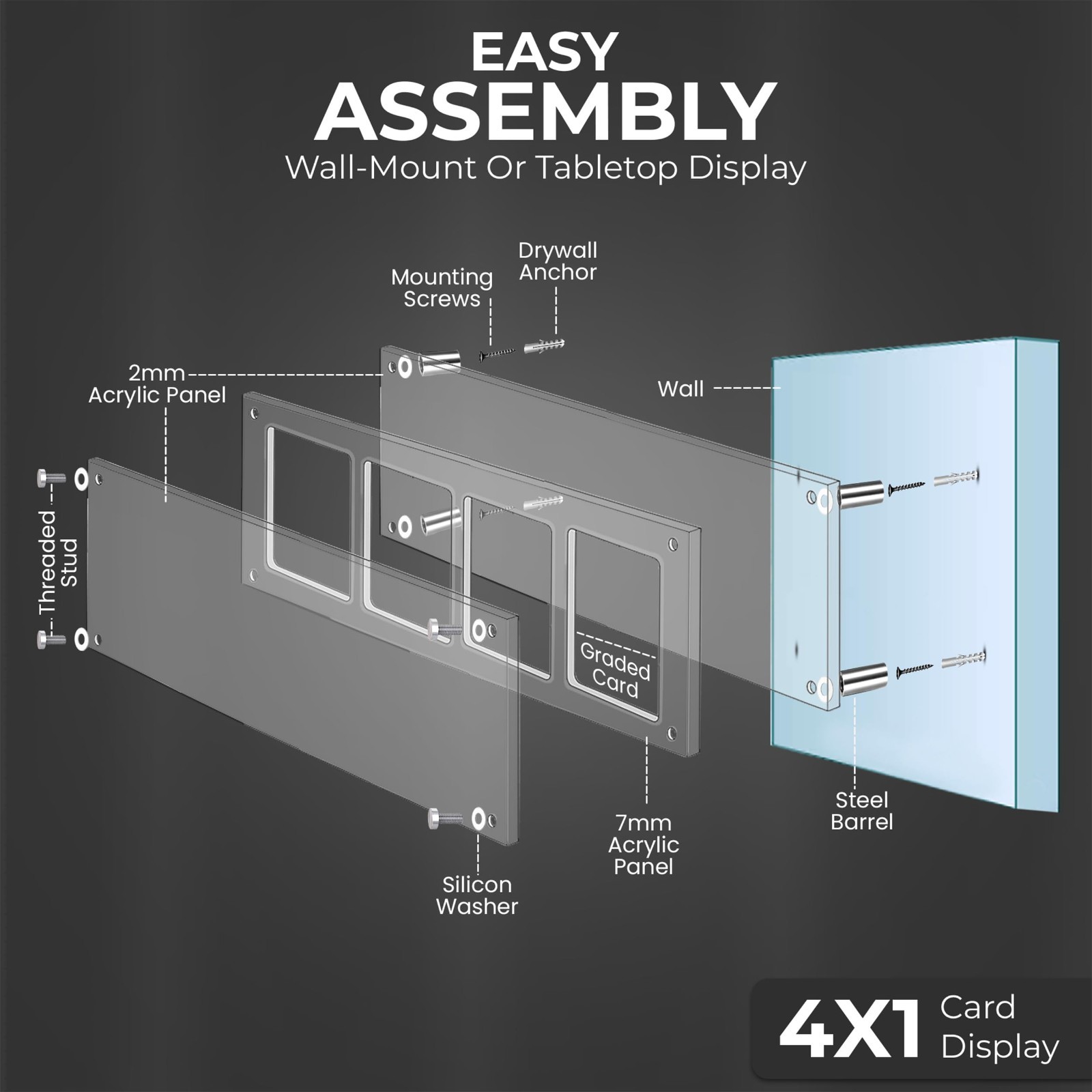 Acrylic Card Display Case for 4 PSA/CGC Slabs – Wall/Tabletop Sports Frame – Dur