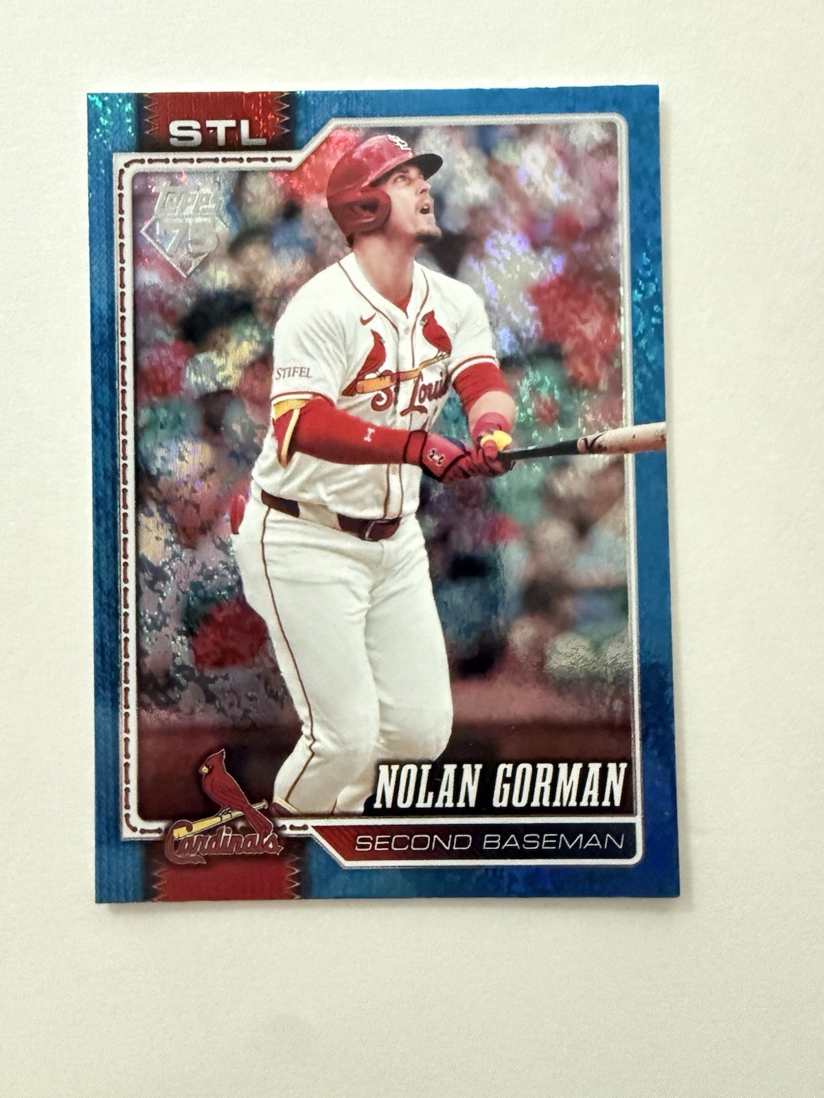 Topps 75 Series 2 Nolan Gorman #587 blue sparkle foil numbered 069/150