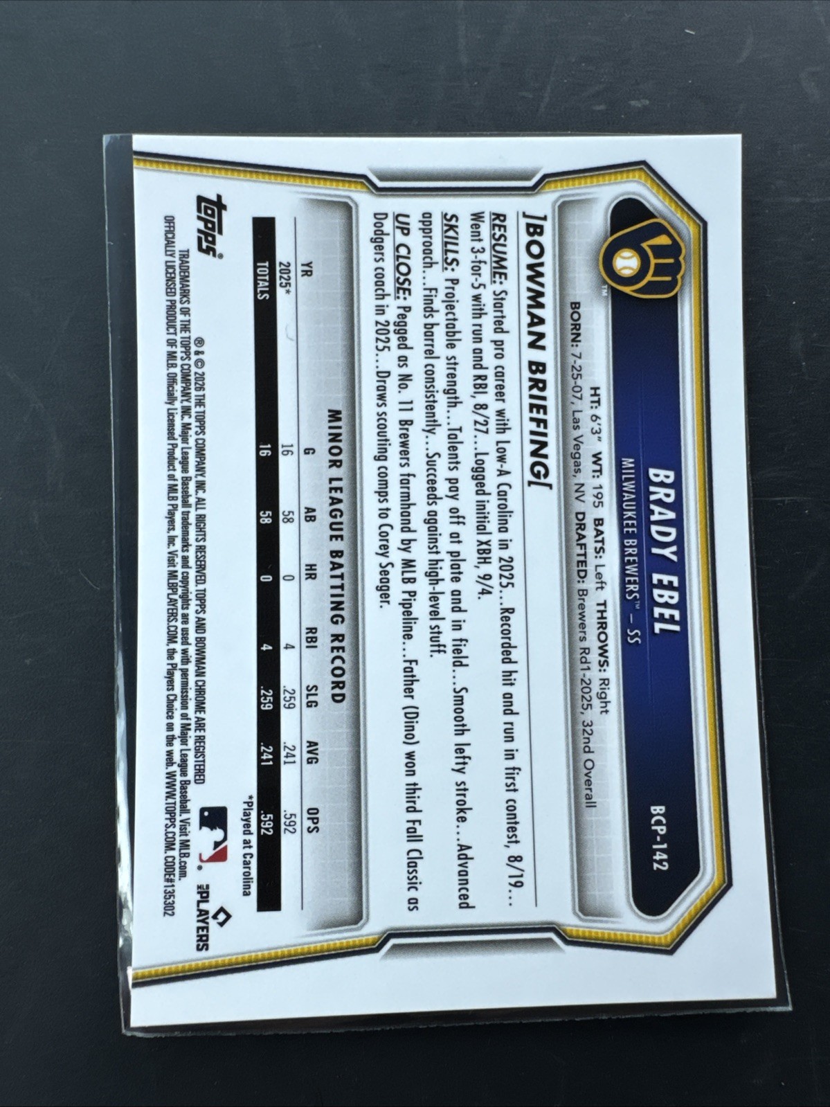 2026 Topps Bowman Draft Brady Ebel Gold Shimmer /50 Brewers BCP-142